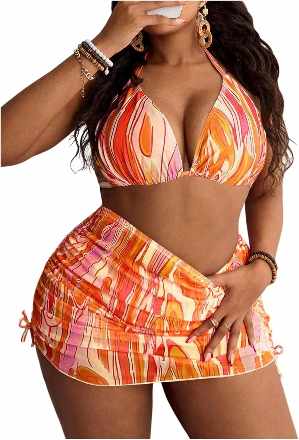 SOLY HUX Women's Plus Size Bikini Sets with Matching Skirt Hat 4 Piece Swimsuits Sexy Boho Halter Bathing Suits