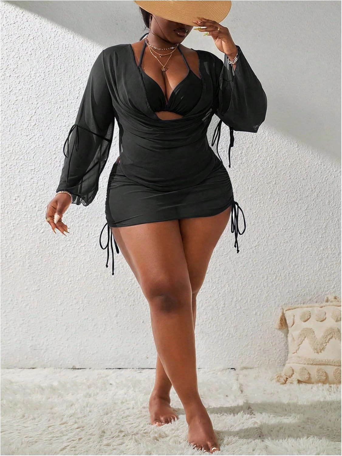 SOLY HUX Women's Plus Size Sexy 4 Piece Swimsuits Halter Bikini Sets with Drawstring Long Sleeve Cover Up Bathing Suit