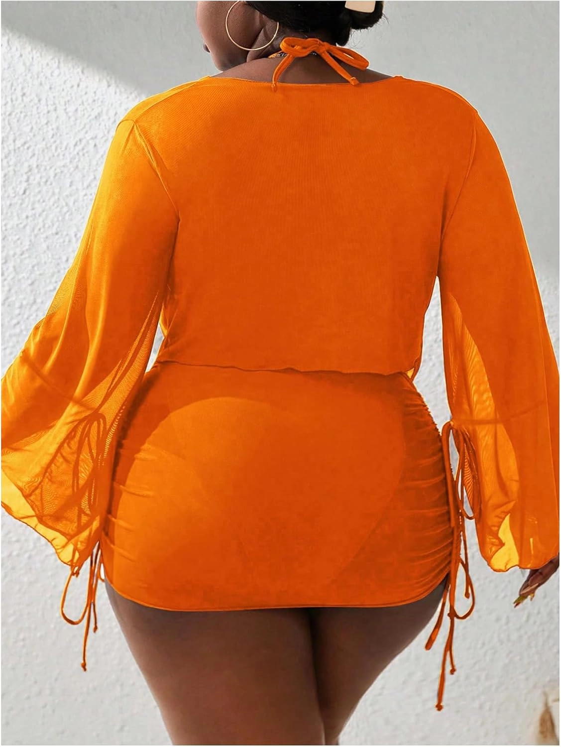 SOLY HUX Women's Plus Size Sexy 4 Piece Swimsuits Halter Bikini Sets with Drawstring Long Sleeve Cover Up Bathing Suit