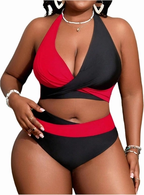 SOLY HUX Women's Plus Size Swimsuit Color Block Halter Criss Cross Bikini Sets Two Piece Bathing Suit