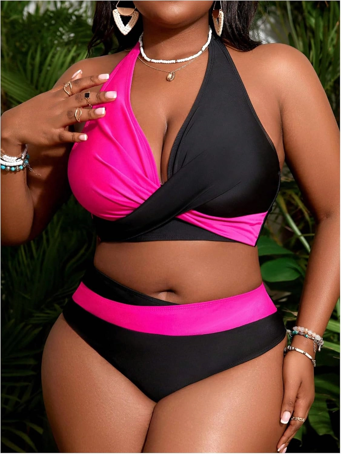 SOLY HUX Women's Plus Size Swimsuit Color Block Halter Criss Cross Bikini Sets Two Piece Bathing Suit