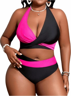 SOLY HUX Women's Plus Size Swimsuit Color Block Halter Criss Cross Bikini Sets Two Piece Bathing Suit