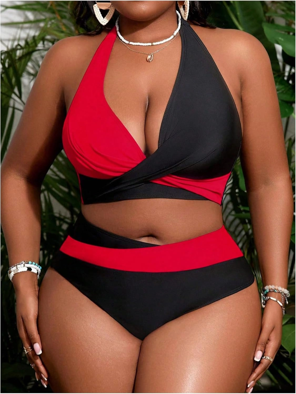 SOLY HUX Women's Plus Size Swimsuit Color Block Halter Criss Cross Bikini Sets Two Piece Bathing Suit