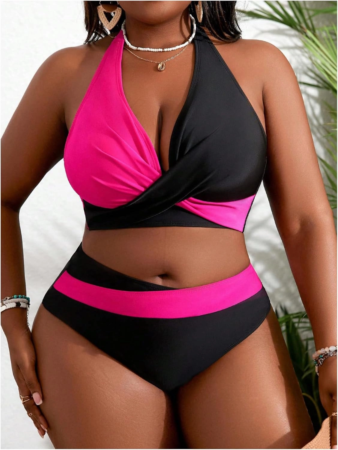SOLY HUX Women's Plus Size Swimsuit Color Block Halter Criss Cross Bikini Sets Two Piece Bathing Suit