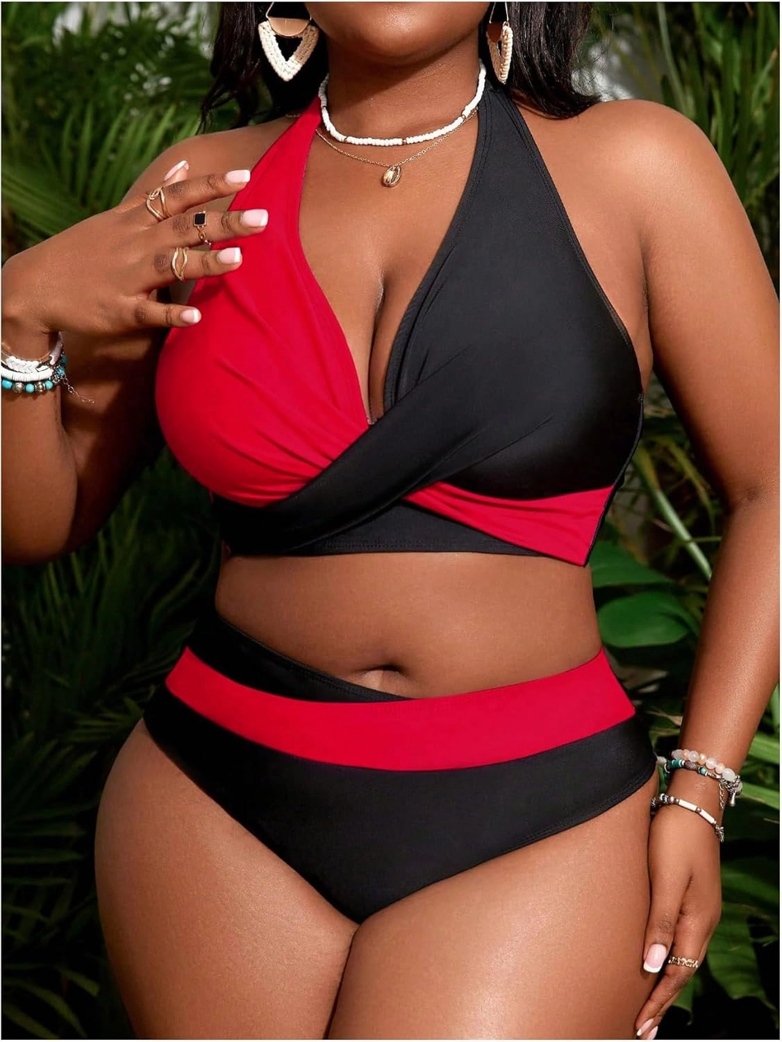 SOLY HUX Women's Plus Size Swimsuit Color Block Halter Criss Cross Bikini Sets Two Piece Bathing Suit