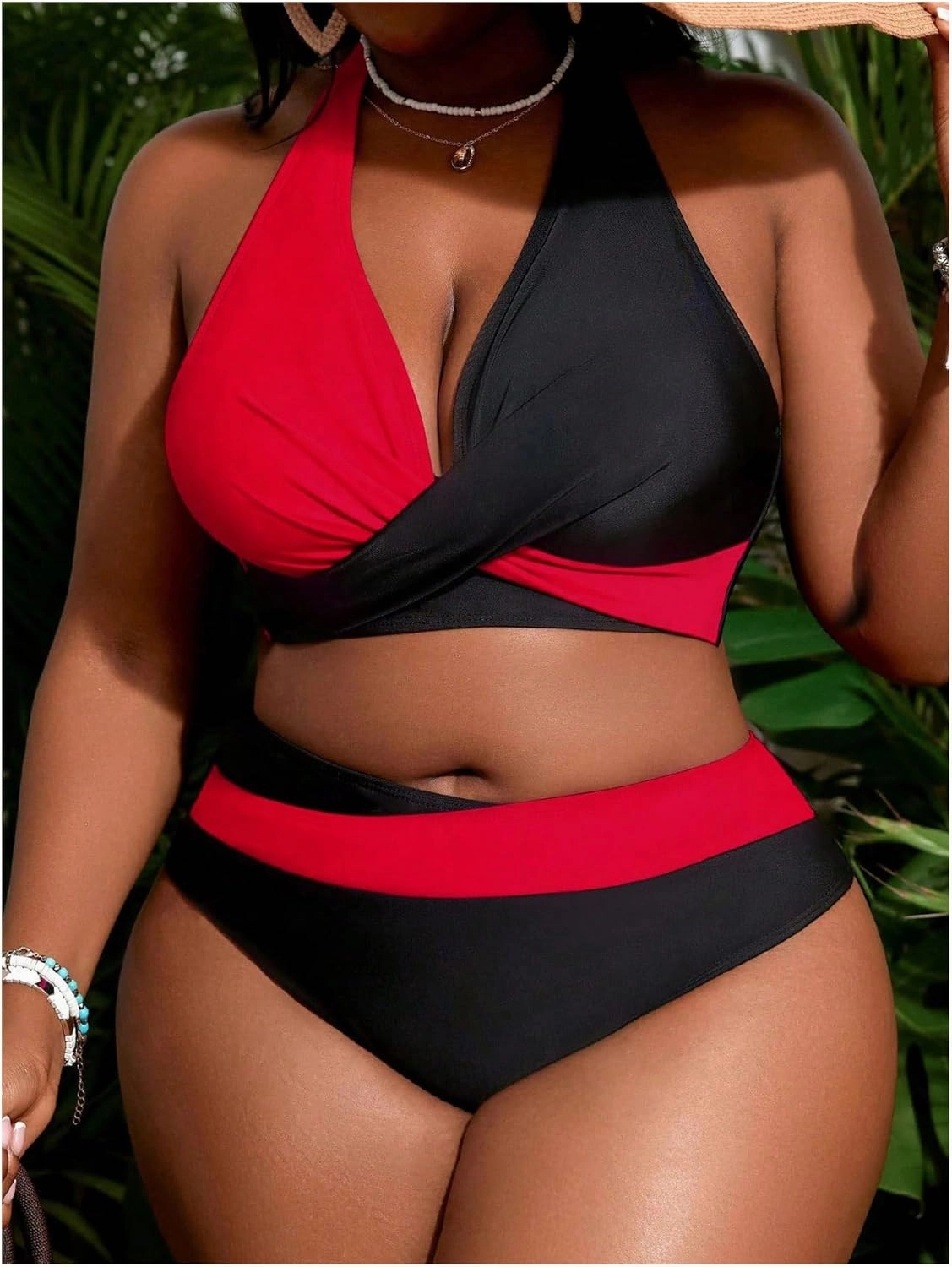 SOLY HUX Women's Plus Size Swimsuit Color Block Halter Criss Cross Bikini Sets Two Piece Bathing Suit