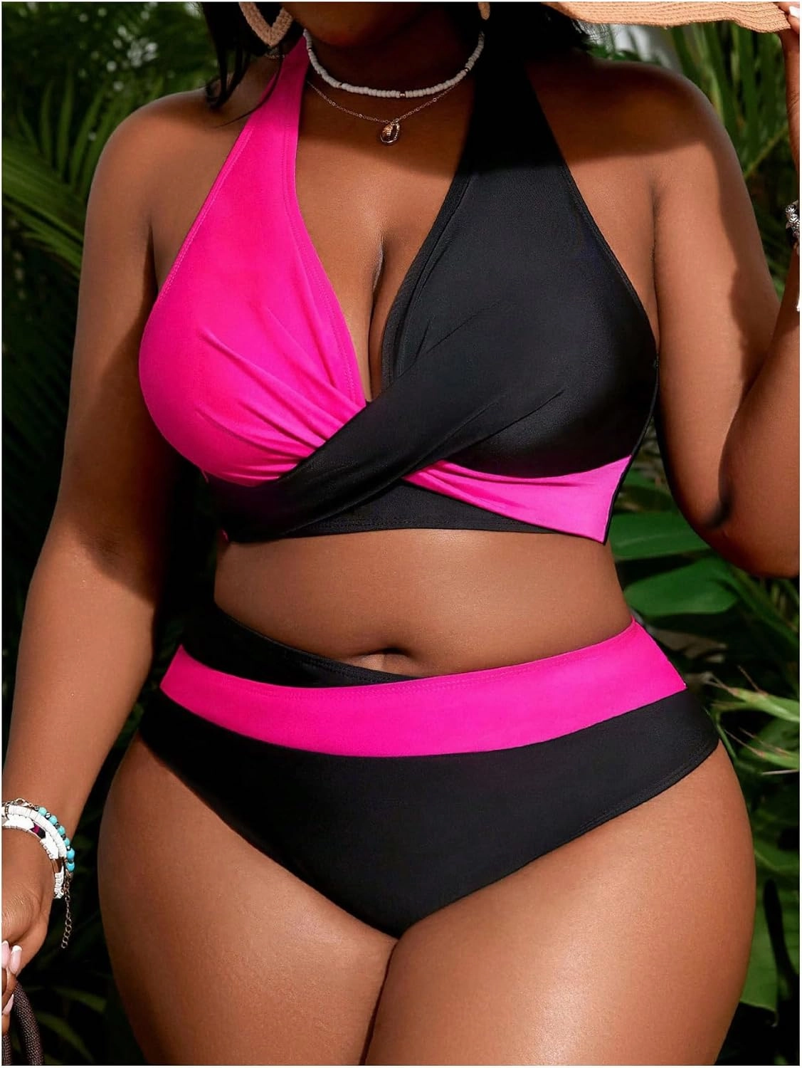 SOLY HUX Women's Plus Size Swimsuit Color Block Halter Criss Cross Bikini Sets Two Piece Bathing Suit