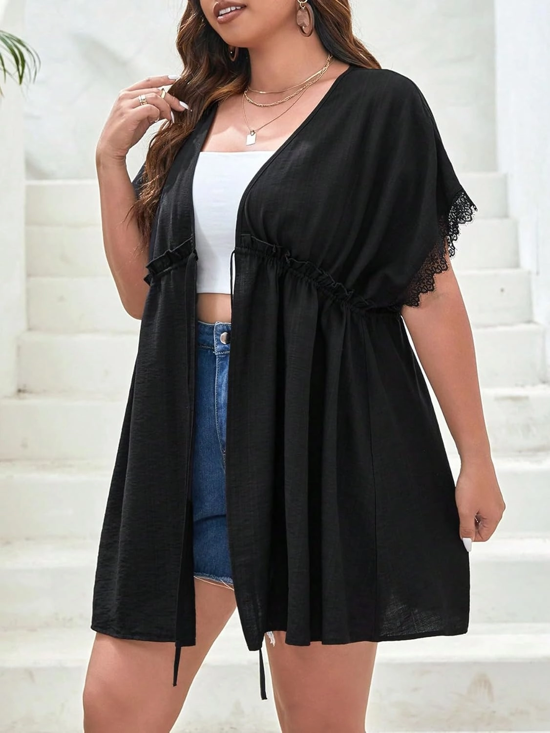 SOLY HUX Women's Plus Size Swimsuit Cover Up Kimono Lace Trim Tie Front Beach Cover Ups