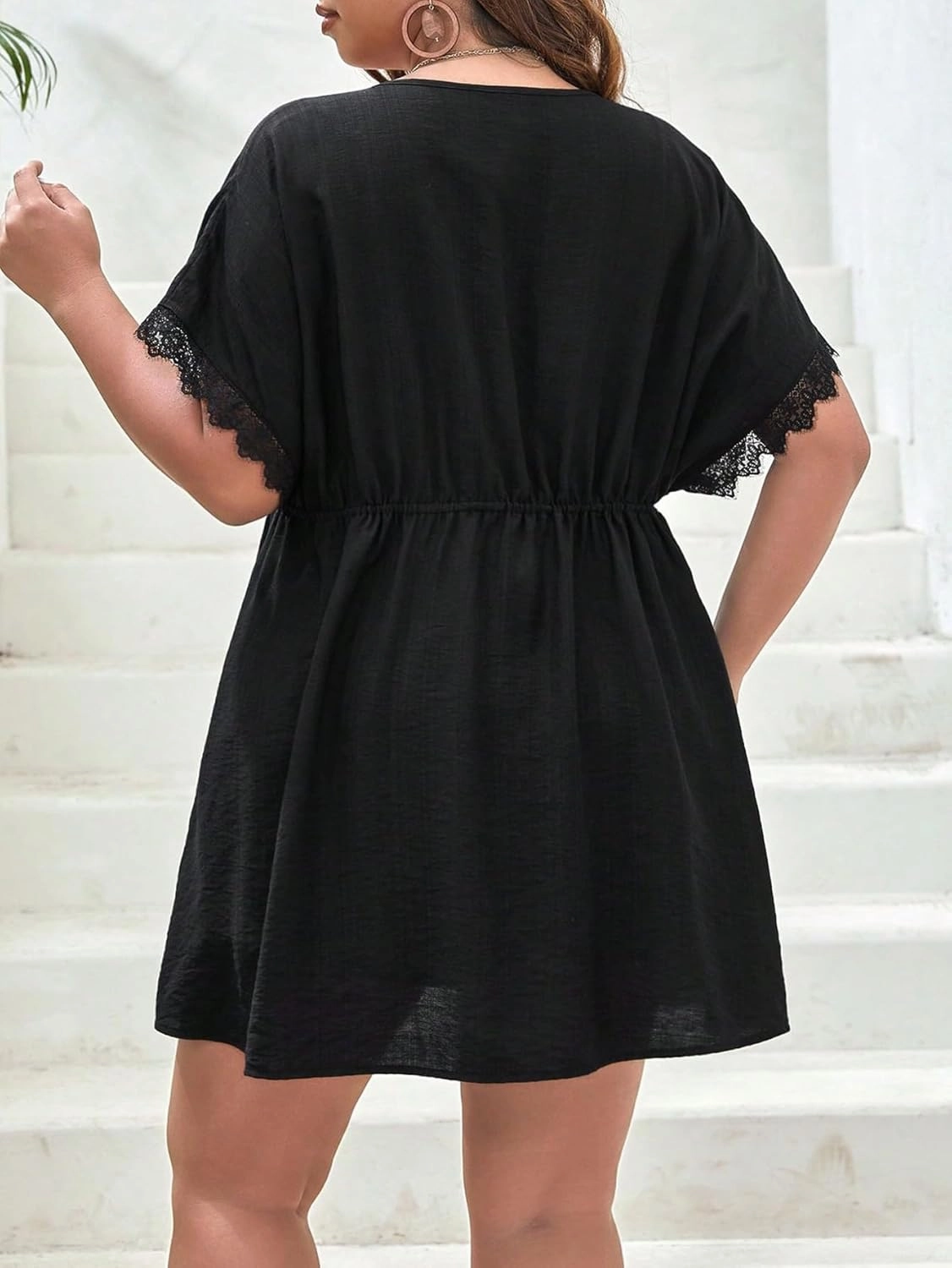 SOLY HUX Women's Plus Size Swimsuit Cover Up Kimono Lace Trim Tie Front Beach Cover Ups