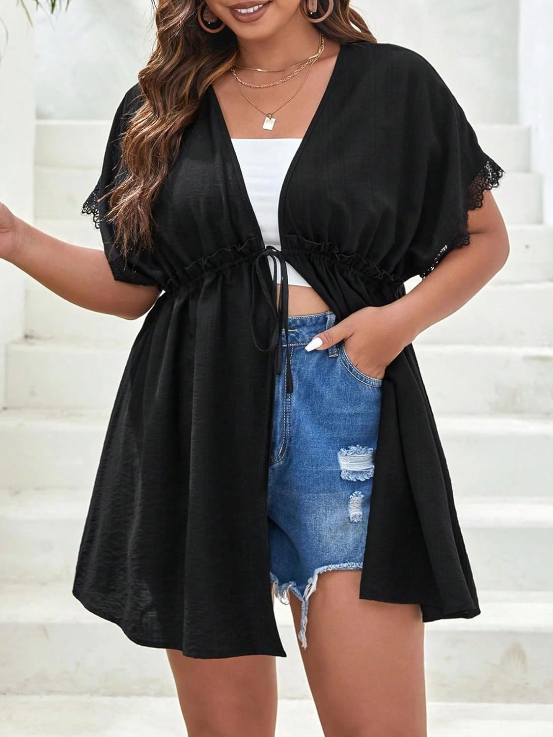 SOLY HUX Women's Plus Size Swimsuit Cover Up Kimono Lace Trim Tie Front Beach Cover Ups