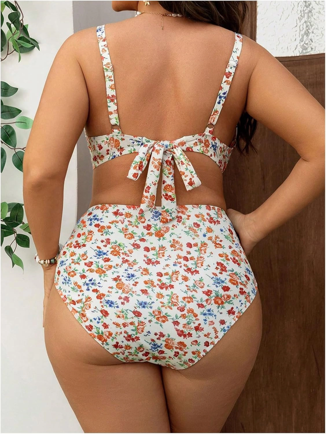 SOLY HUX Women's Plus Size Swimsuit Floral Print V Neck High Waisted Bikini Set Two Piece Bathing Suit