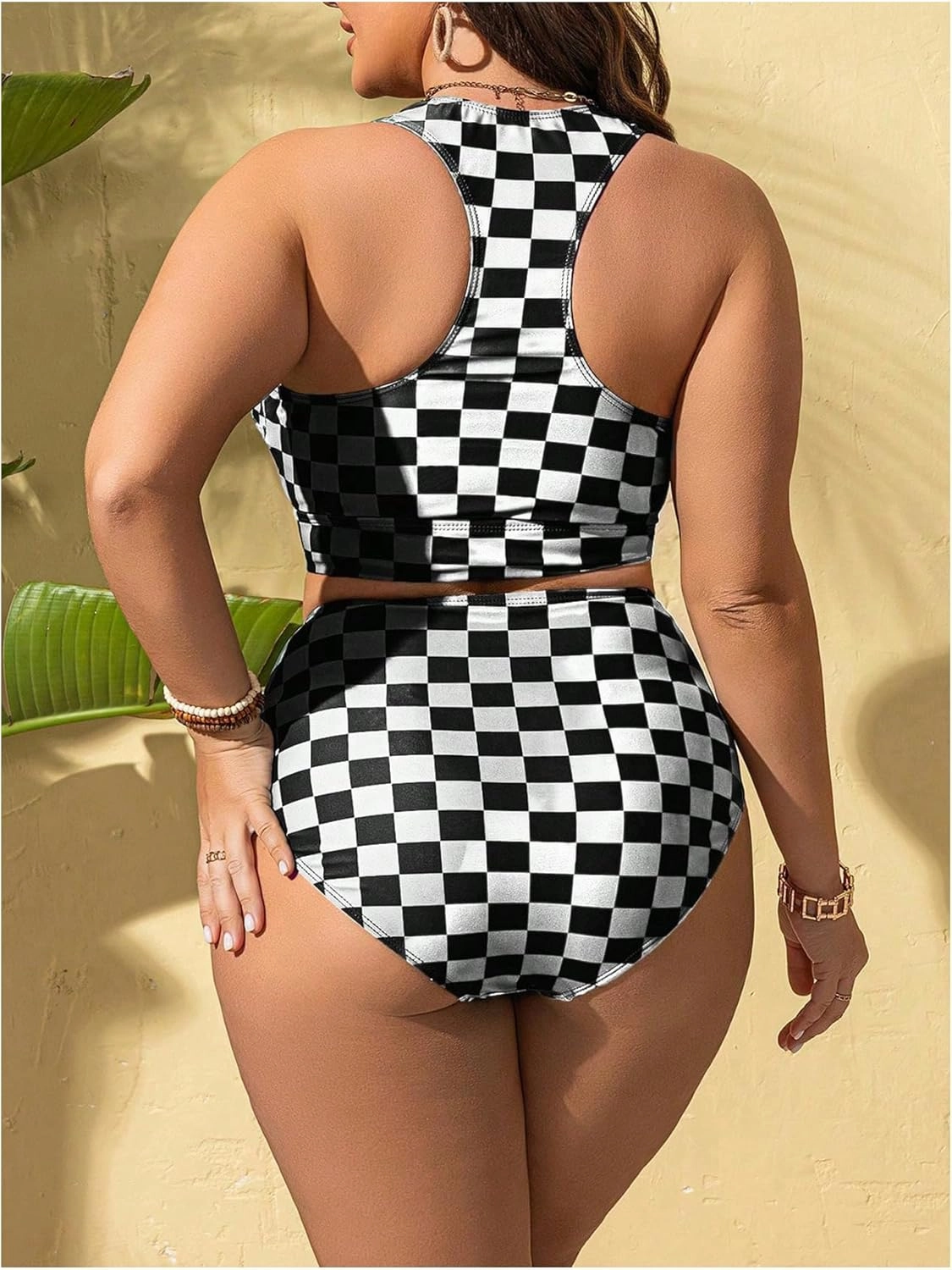 SOLY HUX Women's Plus Size Swimsuit Plaid Checkered Tie Front High Waisted Bikini Set Two Piece Bathing Suit