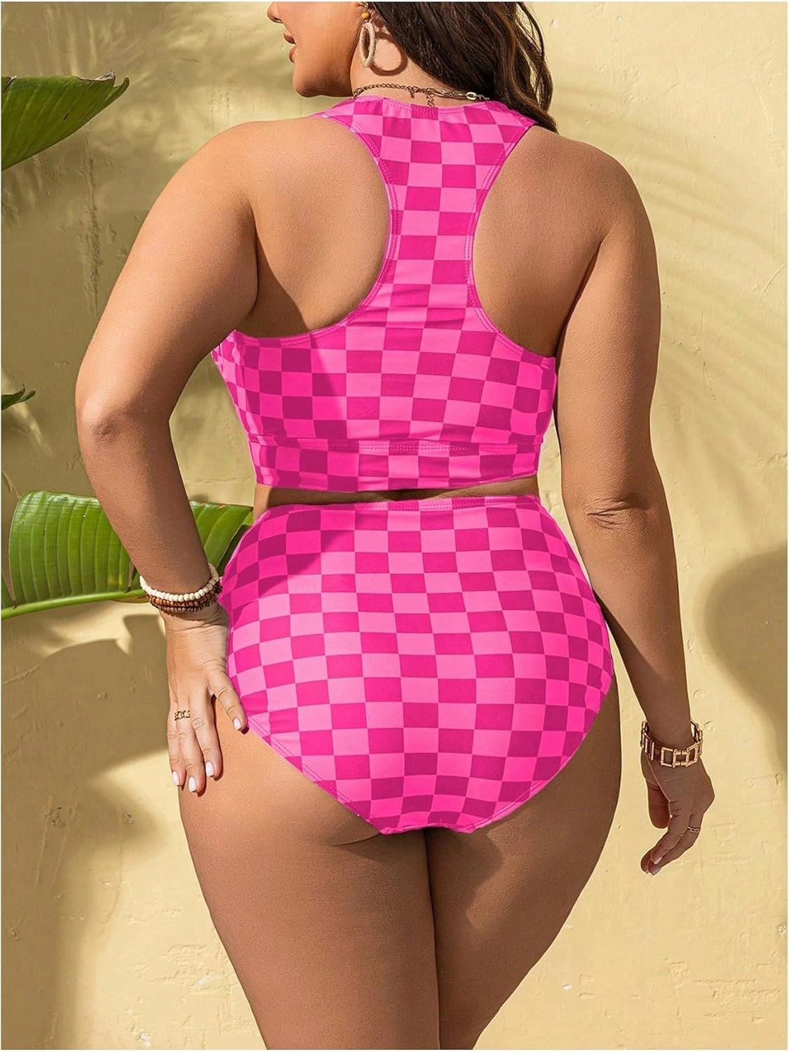 SOLY HUX Women's Plus Size Swimsuit Plaid Checkered Tie Front High Waisted Bikini Set Two Piece Bathing Suit