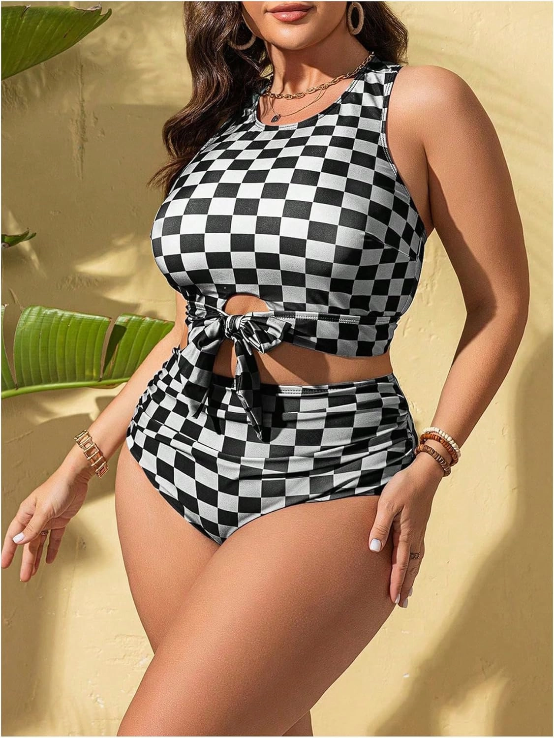 SOLY HUX Women's Plus Size Swimsuit Plaid Checkered Tie Front High Waisted Bikini Set Two Piece Bathing Suit