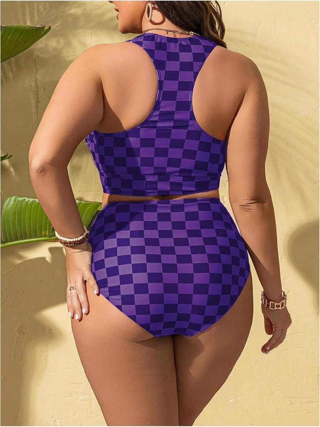 SOLY HUX Women's Plus Size Swimsuit Plaid Checkered Tie Front High Waisted Bikini Set Two Piece Bathing Suit