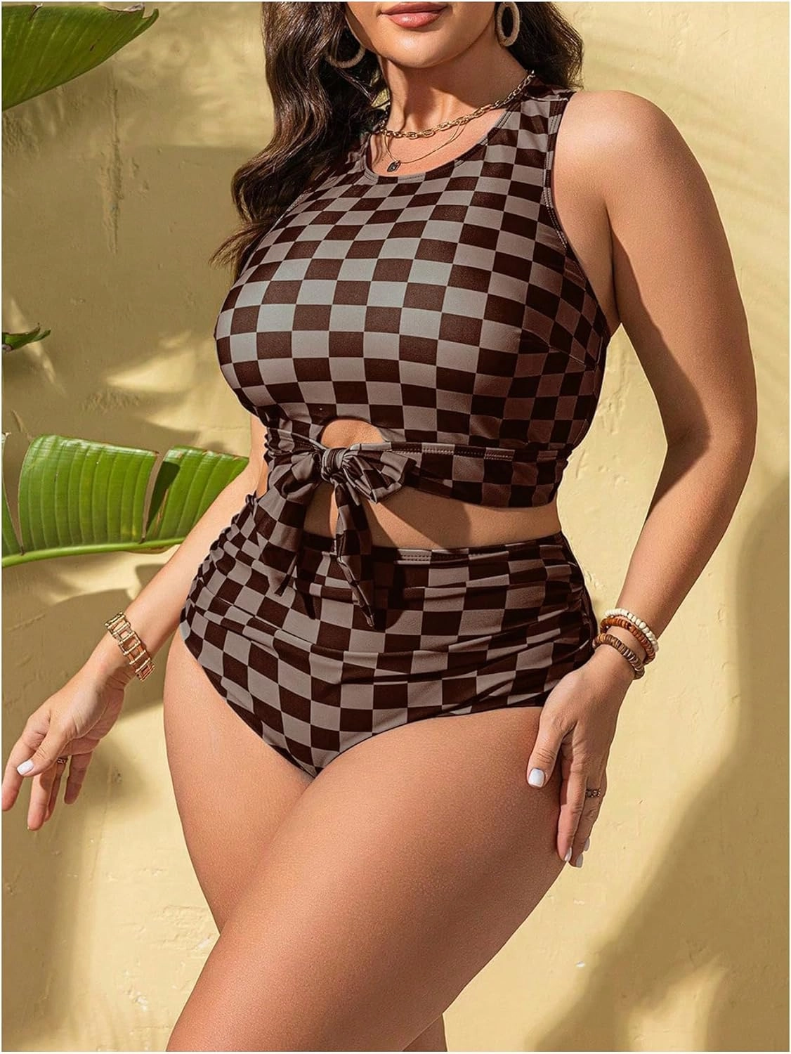 SOLY HUX Women's Plus Size Swimsuit Plaid Checkered Tie Front High Waisted Bikini Set Two Piece Bathing Suit
