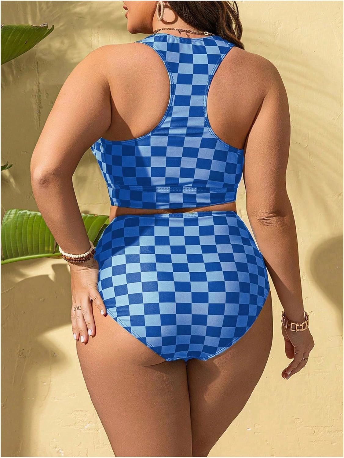 SOLY HUX Women's Plus Size Swimsuit Plaid Checkered Tie Front High Waisted Bikini Set Two Piece Bathing Suit