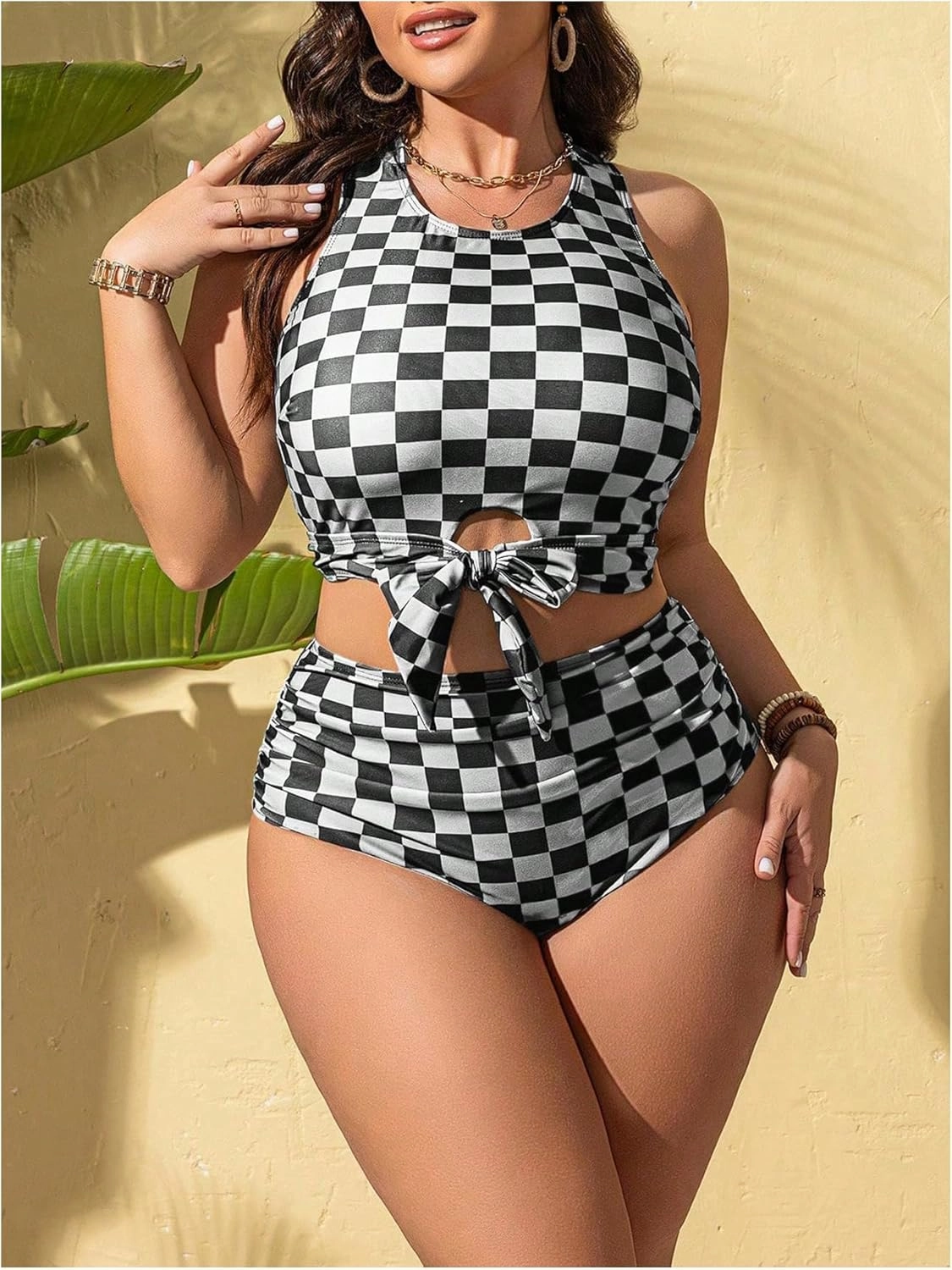 SOLY HUX Women's Plus Size Swimsuit Plaid Checkered Tie Front High Waisted Bikini Set Two Piece Bathing Suit