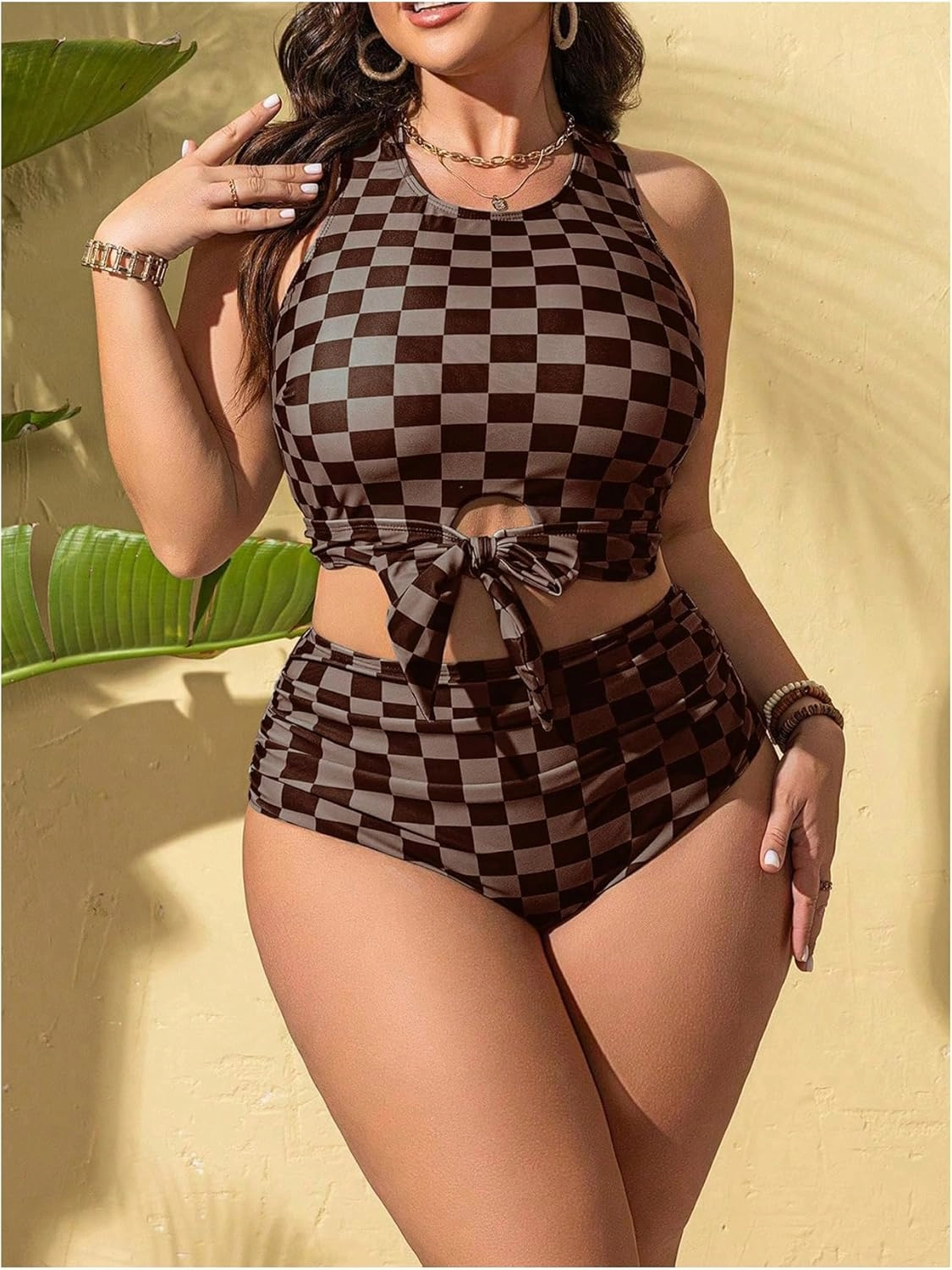 SOLY HUX Women's Plus Size Swimsuit Plaid Checkered Tie Front High Waisted Bikini Set Two Piece Bathing Suit