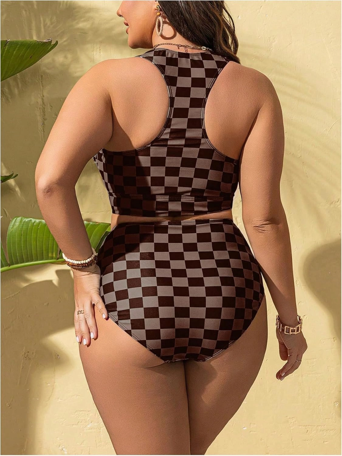 SOLY HUX Women's Plus Size Swimsuit Plaid Checkered Tie Front High Waisted Bikini Set Two Piece Bathing Suit