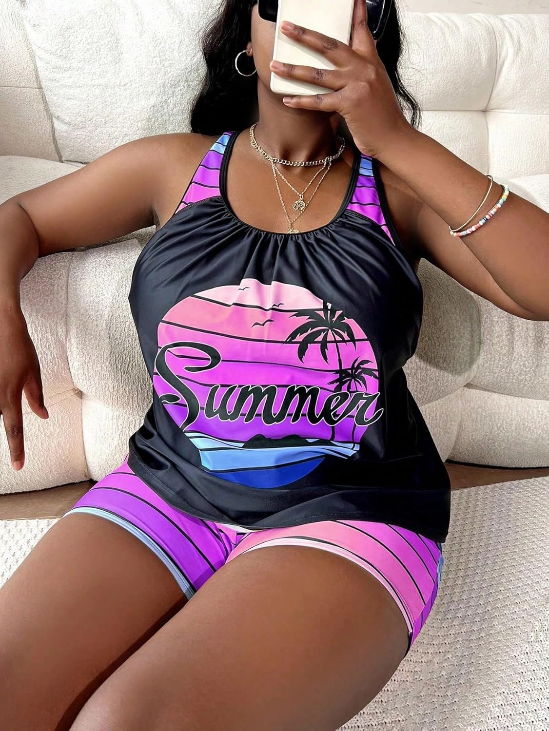 SOLY HUX Women's Plus Size Tankini Set Striped Tropical Print Tops and Shorts Bikini Bathing Suits 2 Piece Swimsuit