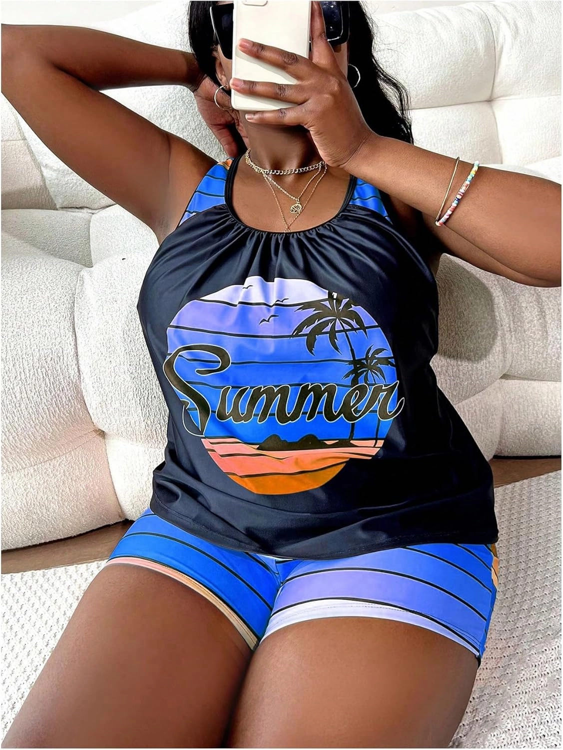SOLY HUX Women's Plus Size Tankini Set Striped Tropical Print Tops and Shorts Bikini Bathing Suits 2 Piece Swimsuit