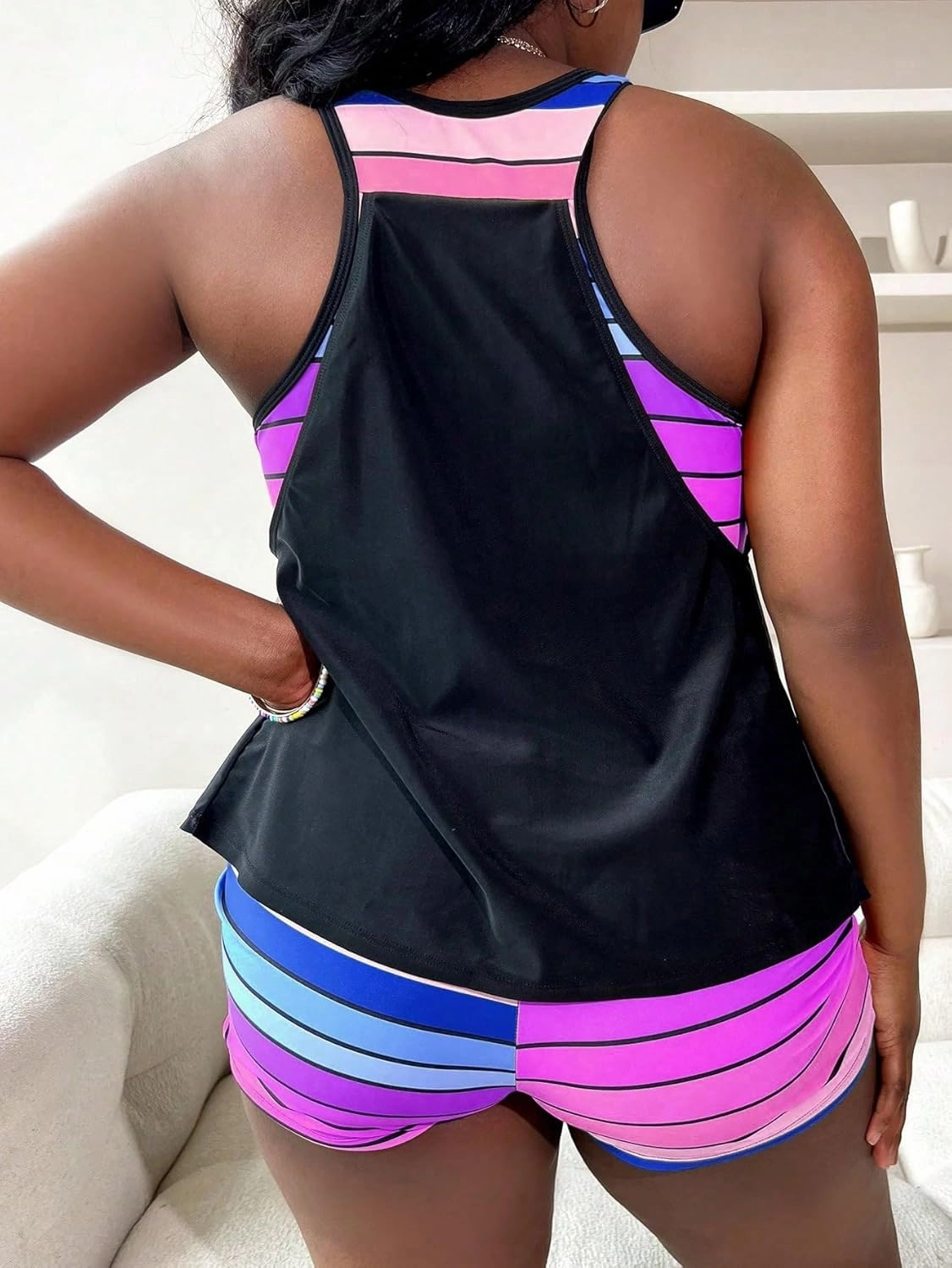 SOLY HUX Women's Plus Size Tankini Set Striped Tropical Print Tops and Shorts Bikini Bathing Suits 2 Piece Swimsuit