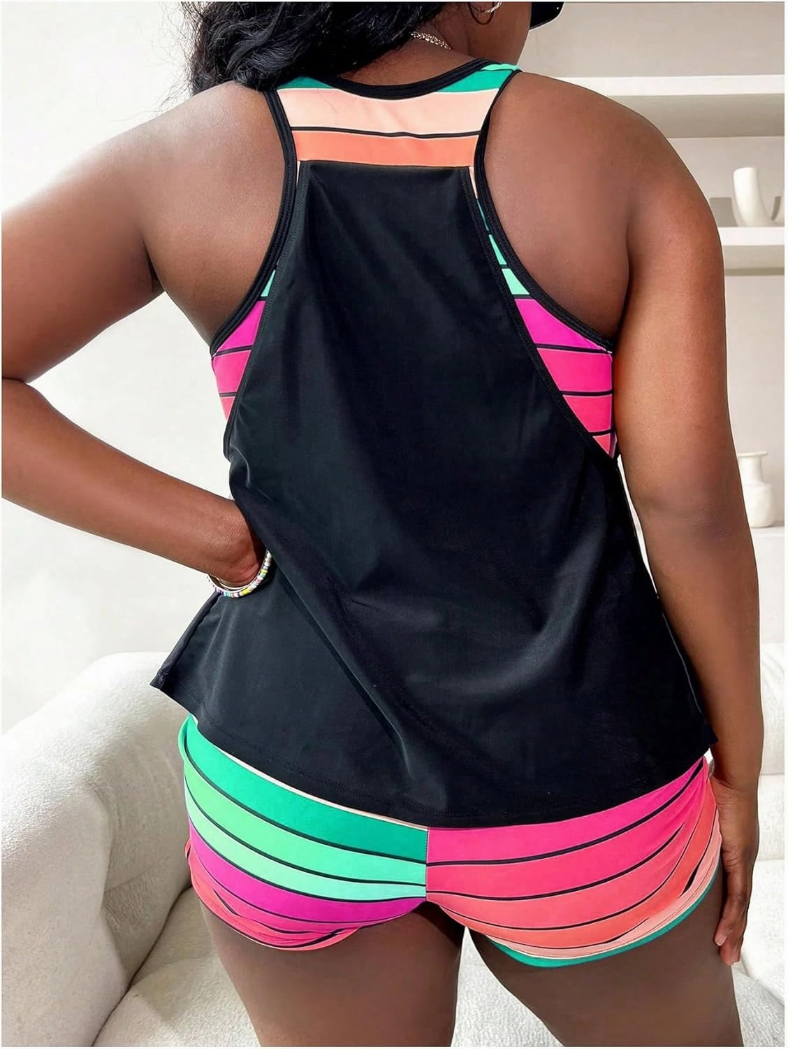 SOLY HUX Women's Plus Size Tankini Set Striped Tropical Print Tops and Shorts Bikini Bathing Suits 2 Piece Swimsuit