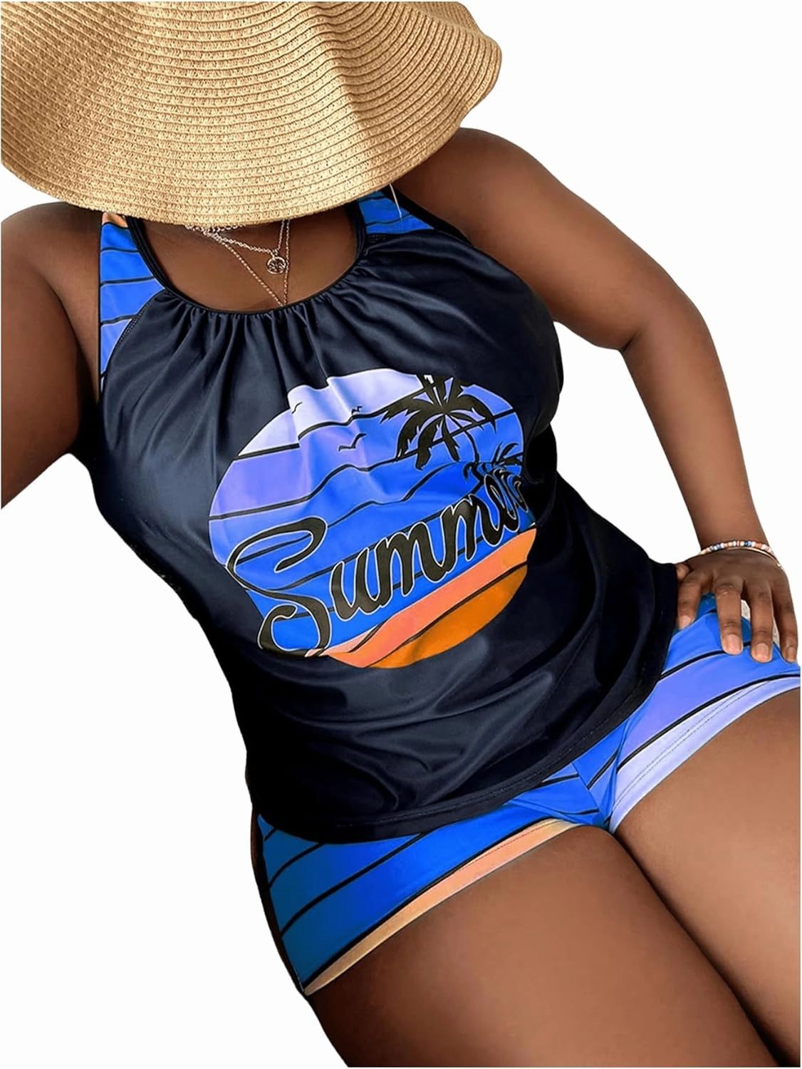 SOLY HUX Women's Plus Size Tankini Set Striped Tropical Print Tops and Shorts Bikini Bathing Suits 2 Piece Swimsuit
