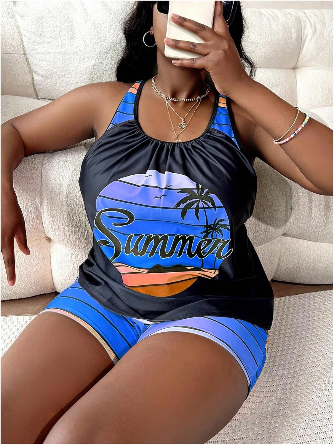 SOLY HUX Women's Plus Size Tankini Set Striped Tropical Print Tops and Shorts Bikini Bathing Suits 2 Piece Swimsuit