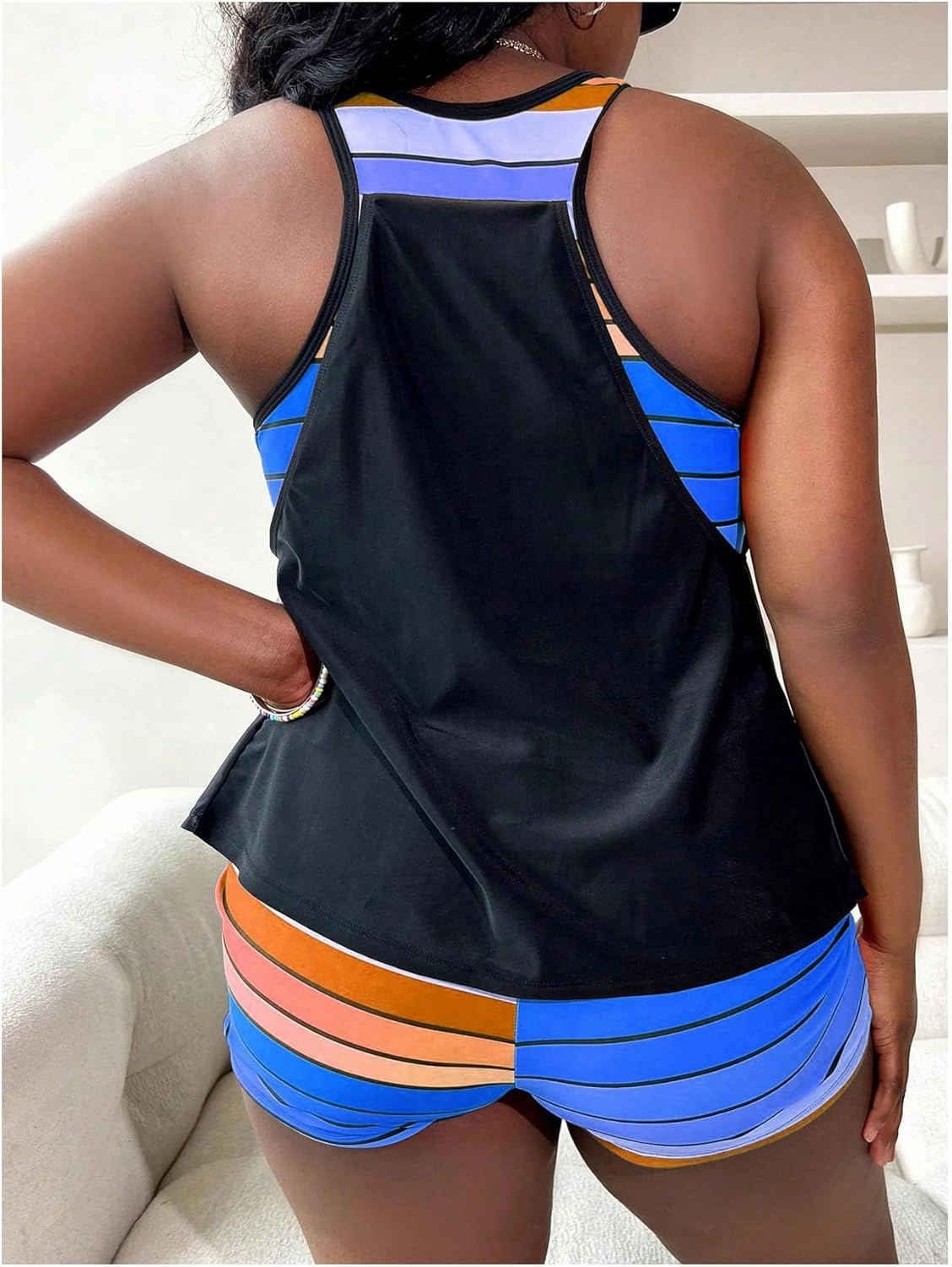 SOLY HUX Women's Plus Size Tankini Set Striped Tropical Print Tops and Shorts Bikini Bathing Suits 2 Piece Swimsuit