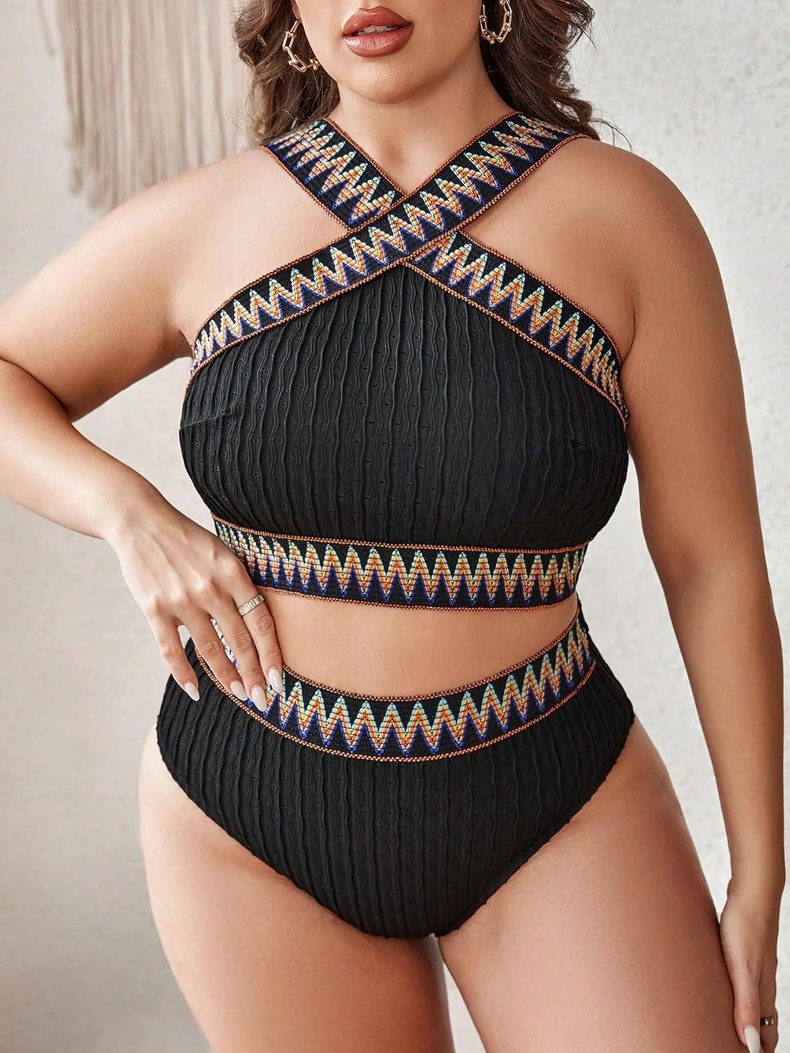 SOLY HUX Women's Plus Size Two Piece Swimsuit Chevron Print Criss Cross High Waisted Bikini Set Bathing Suits