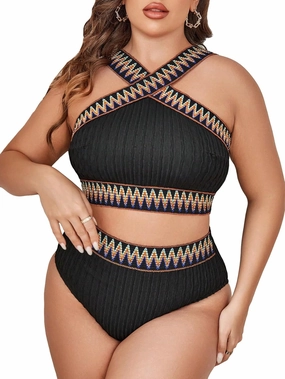 SOLY HUX Women's Plus Size Two Piece Swimsuit Chevron Print Criss Cross High Waisted Bikini Set Bathing Suits