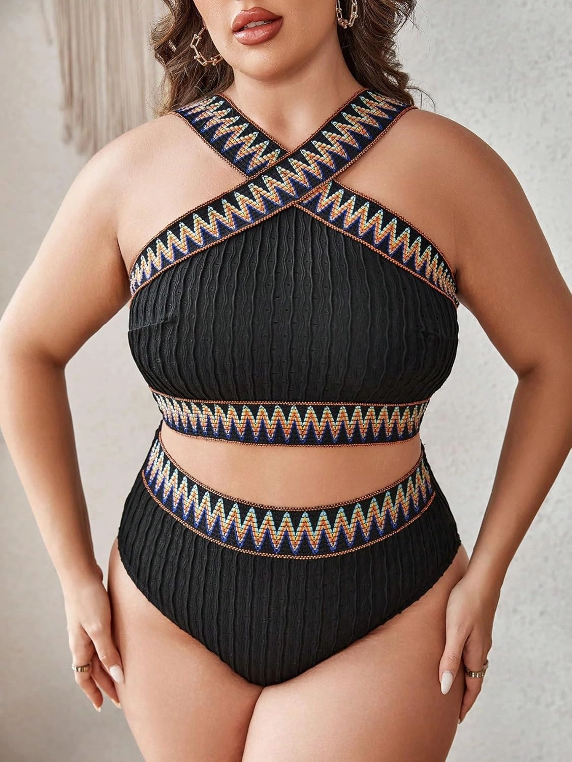 SOLY HUX Women's Plus Size Two Piece Swimsuit Chevron Print Criss Cross High Waisted Bikini Set Bathing Suits