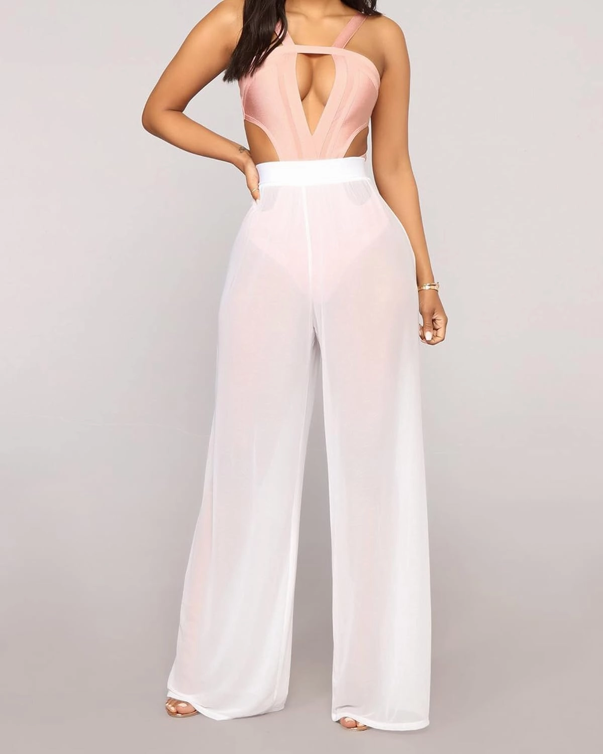 Springcmy Women Ruffle Sheer Mesh Pants See Through Bikini Bottom Swimsuit Cover up Wide Leg Beach Pants
