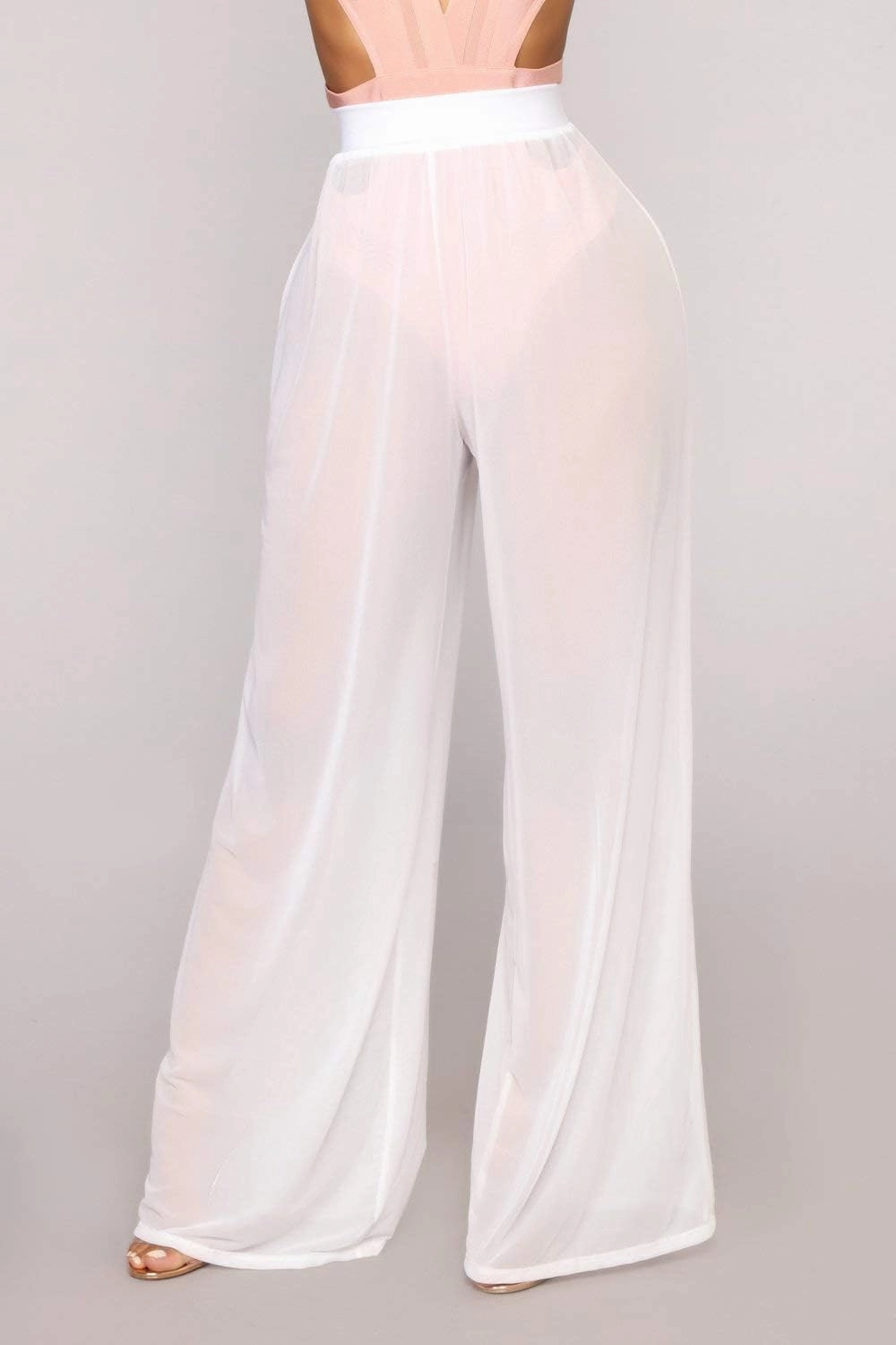 Springcmy Women Ruffle Sheer Mesh Pants See Through Bikini Bottom Swimsuit Cover up Wide Leg Beach Pants