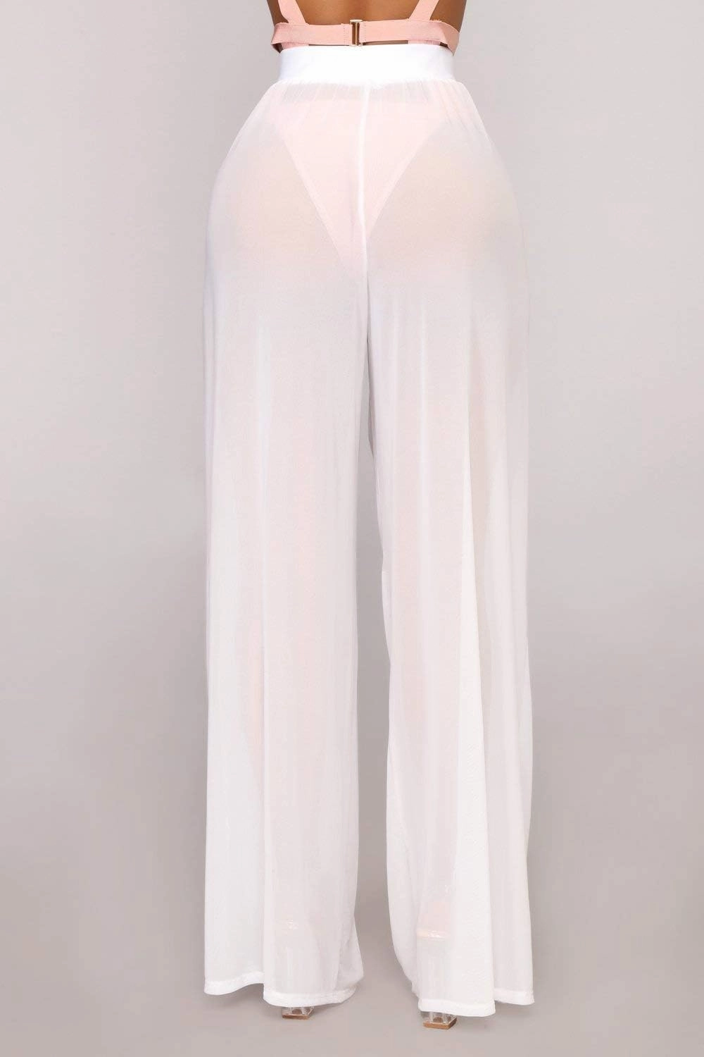 Springcmy Women Ruffle Sheer Mesh Pants See Through Bikini Bottom Swimsuit Cover up Wide Leg Beach Pants