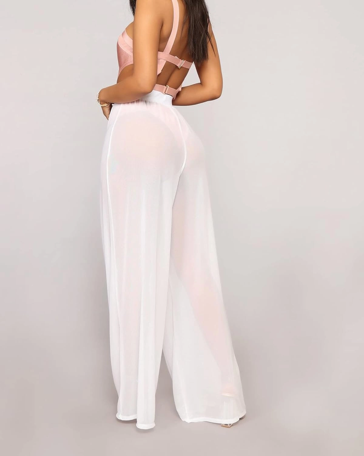 Springcmy Women Ruffle Sheer Mesh Pants See Through Bikini Bottom Swimsuit Cover up Wide Leg Beach Pants