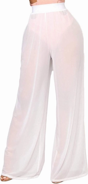 Springcmy Women Ruffle Sheer Mesh Pants See Through Bikini Bottom Swimsuit Cover up Wide Leg Beach Pants