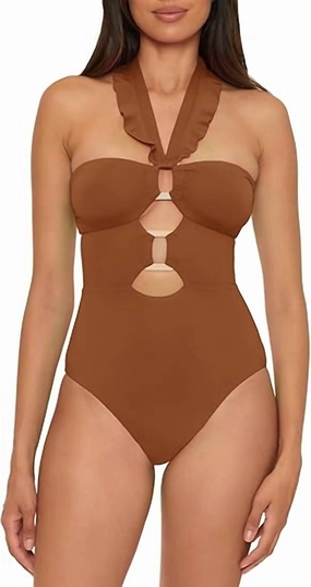 Standard Buckle Up One Piece Bandeau Swimsuit With Cut Out Neck In Brown