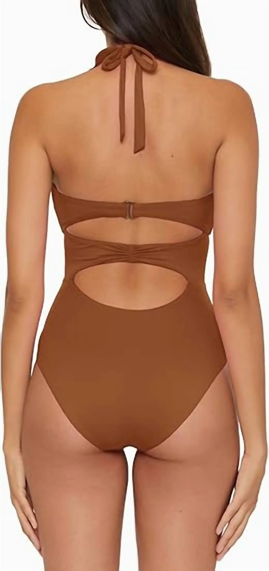 Standard Buckle Up One Piece Bandeau Swimsuit With Cut Out Neck In Brown