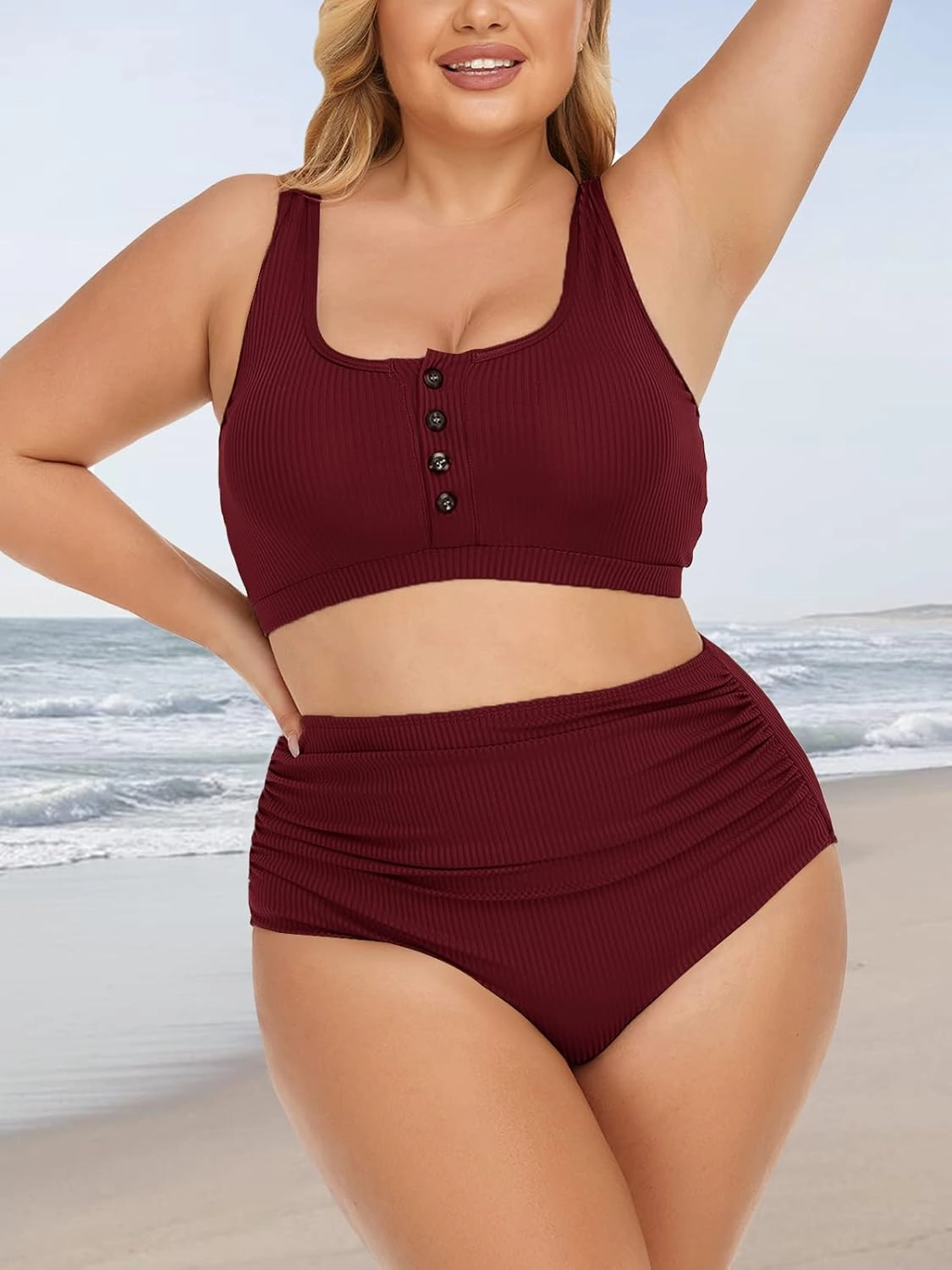 Summer Mae Plus Size Women Ribbed Bikini Set Two Piece High Waist Swimsuit Scoop Top Tummy Control Bathing Suit Swimwear