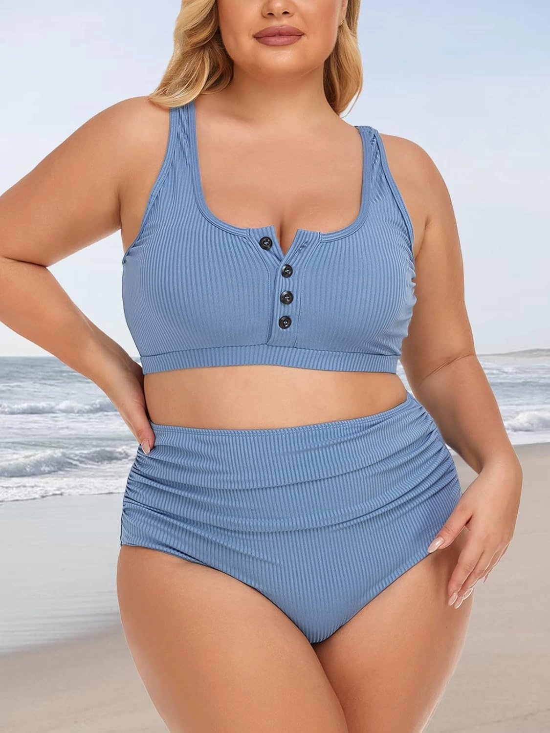 Summer Mae Plus Size Women Ribbed Bikini Set Two Piece High Waist Swimsuit Scoop Top Tummy Control Bathing Suit Swimwear