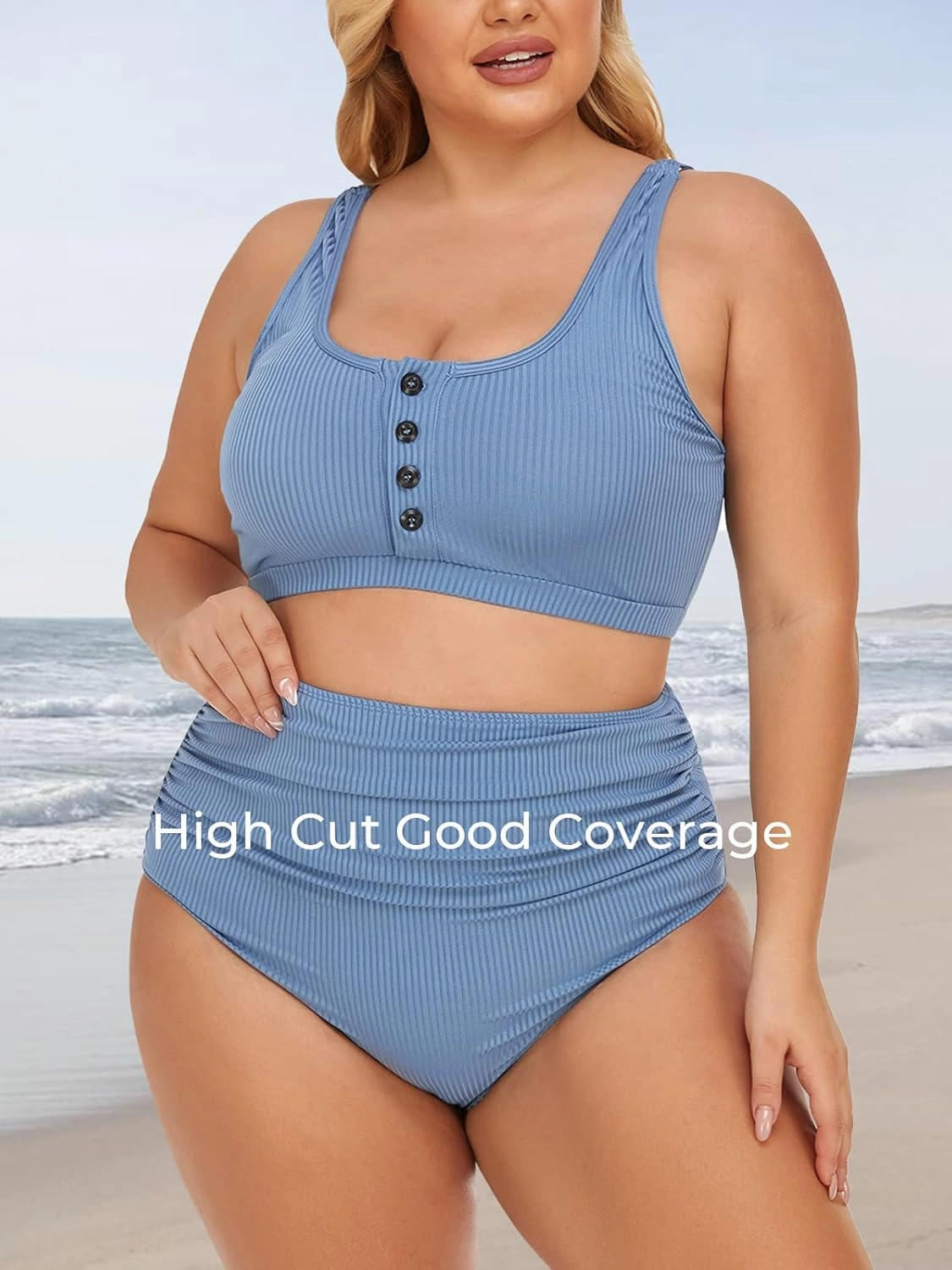 Summer Mae Plus Size Women Ribbed Bikini Set Two Piece High Waist Swimsuit Scoop Top Tummy Control Bathing Suit Swimwear