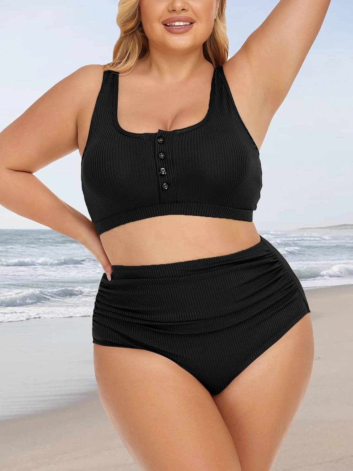 Summer Mae Plus Size Women Ribbed Bikini Set Two Piece High Waist Swimsuit Scoop Top Tummy Control Bathing Suit Swimwear