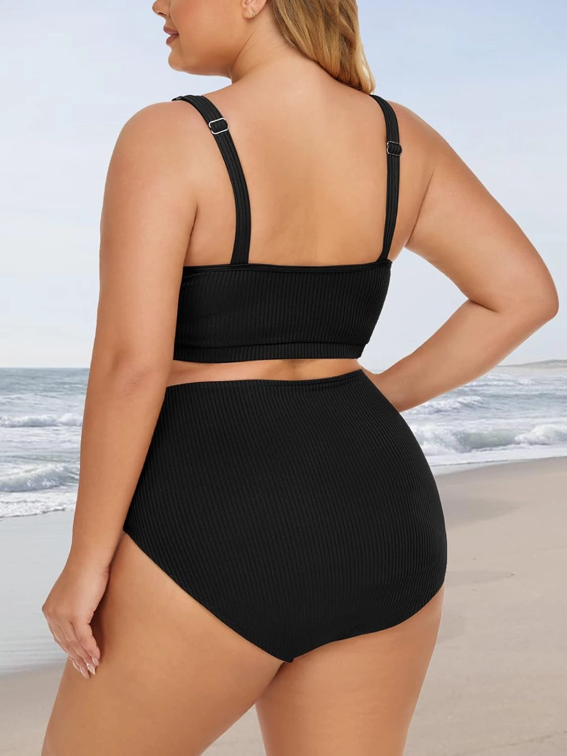 Summer Mae Plus Size Women Ribbed Bikini Set Two Piece High Waist Swimsuit Scoop Top Tummy Control Bathing Suit Swimwear