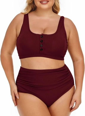 Summer Mae Plus Size Women Ribbed Bikini Set Two Piece High Waist Swimsuit Scoop Top Tummy Control Bathing Suit Swimwear