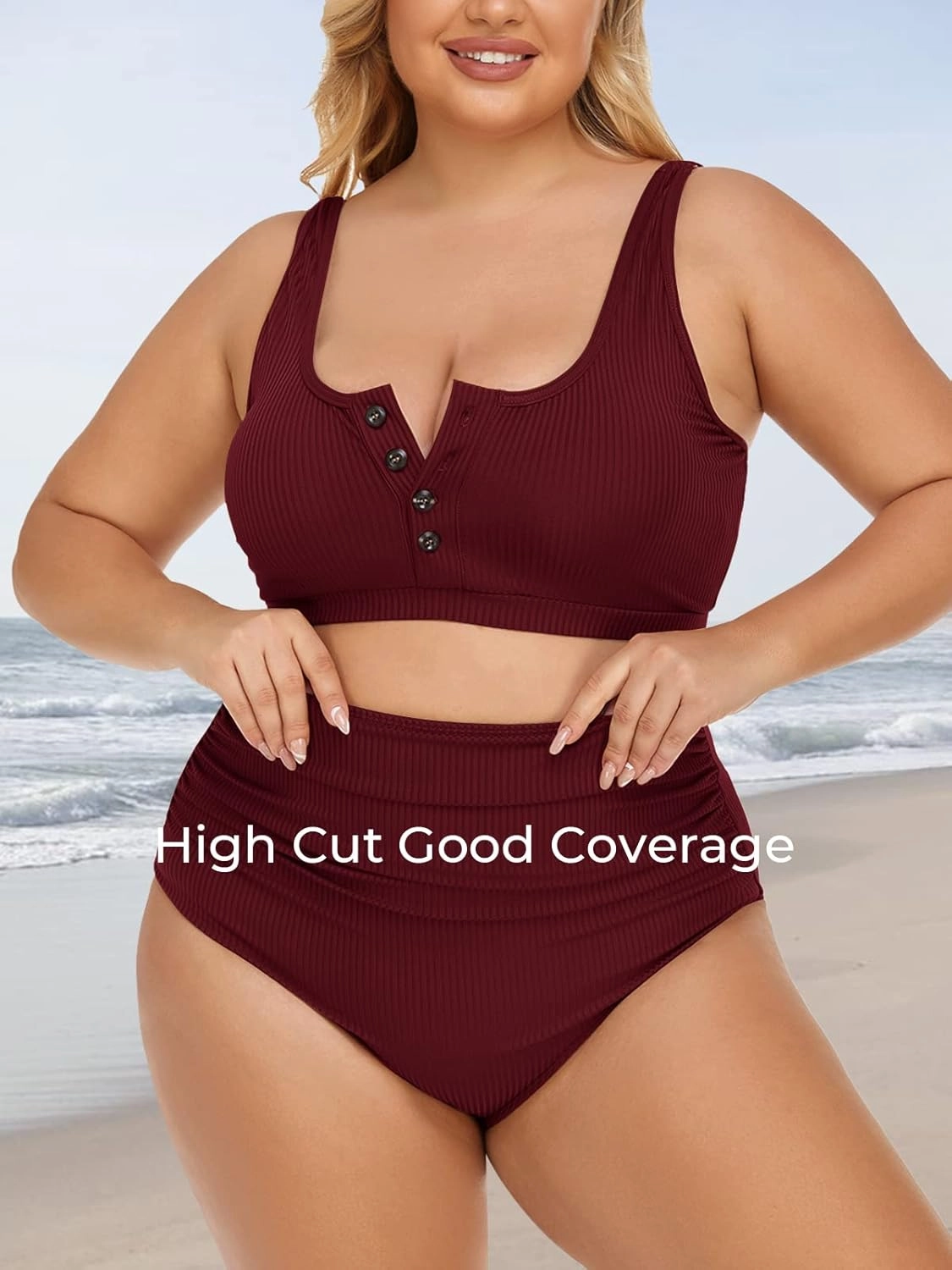 Summer Mae Plus Size Women Ribbed Bikini Set Two Piece High Waist Swimsuit Scoop Top Tummy Control Bathing Suit Swimwear