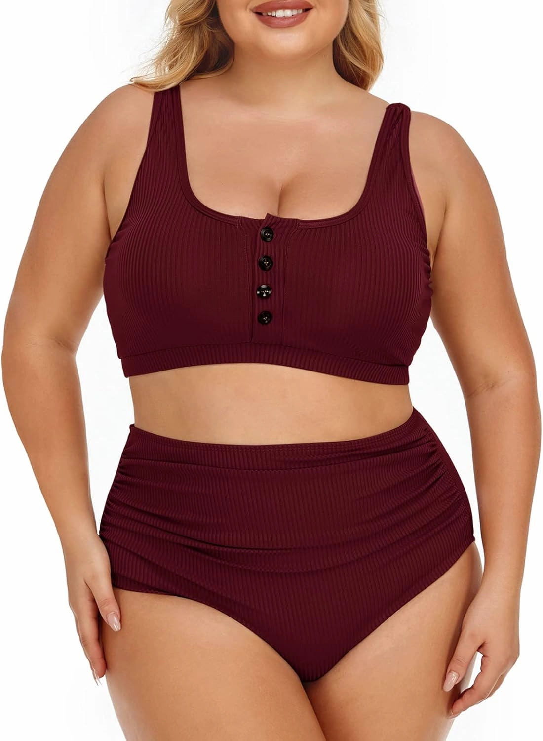 Summer Mae Plus Size Women Ribbed Bikini Set Two Piece High Waist Swimsuit Scoop Top Tummy Control Bathing Suit Swimwear
