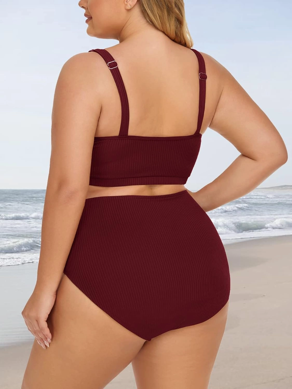 Summer Mae Plus Size Women Ribbed Bikini Set Two Piece High Waist Swimsuit Scoop Top Tummy Control Bathing Suit Swimwear